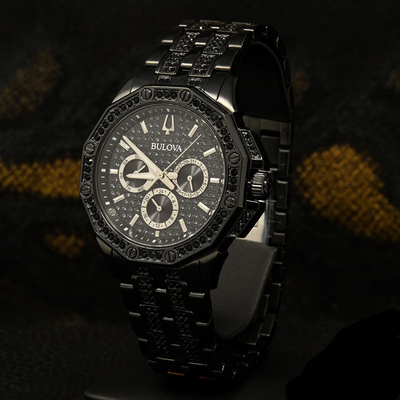 Bulova Octova Chronograph Black Crystal Dial Black Steel Strap Watch for Men - 98C134 Watches Bulova   