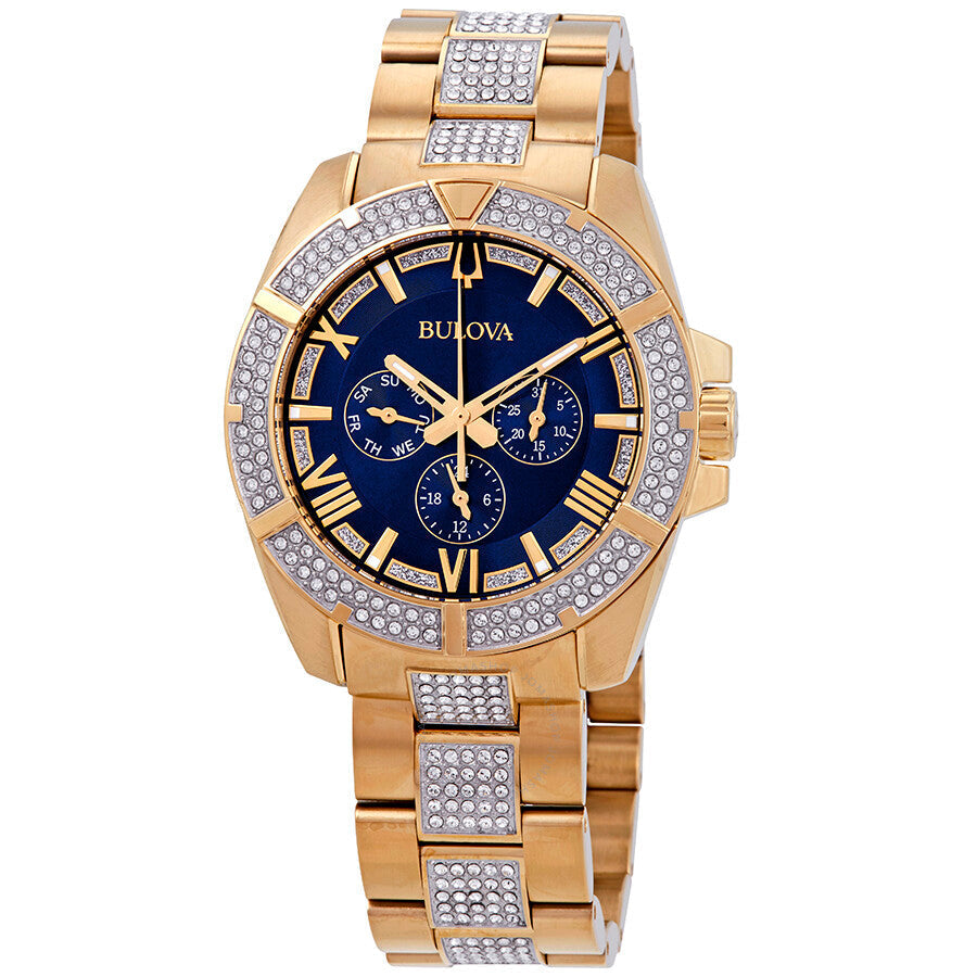 Bulova Crystal Collection Blue Dial Gold Steel Strap Watch for Men - 98C128 Watches Bulova   