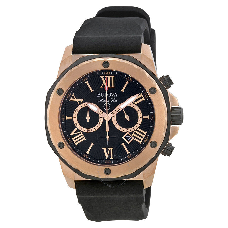 Bulova Marine Star Chronograph Black Dial Black Leather Strap Watch for Men - 98B104 Watches Bulova   