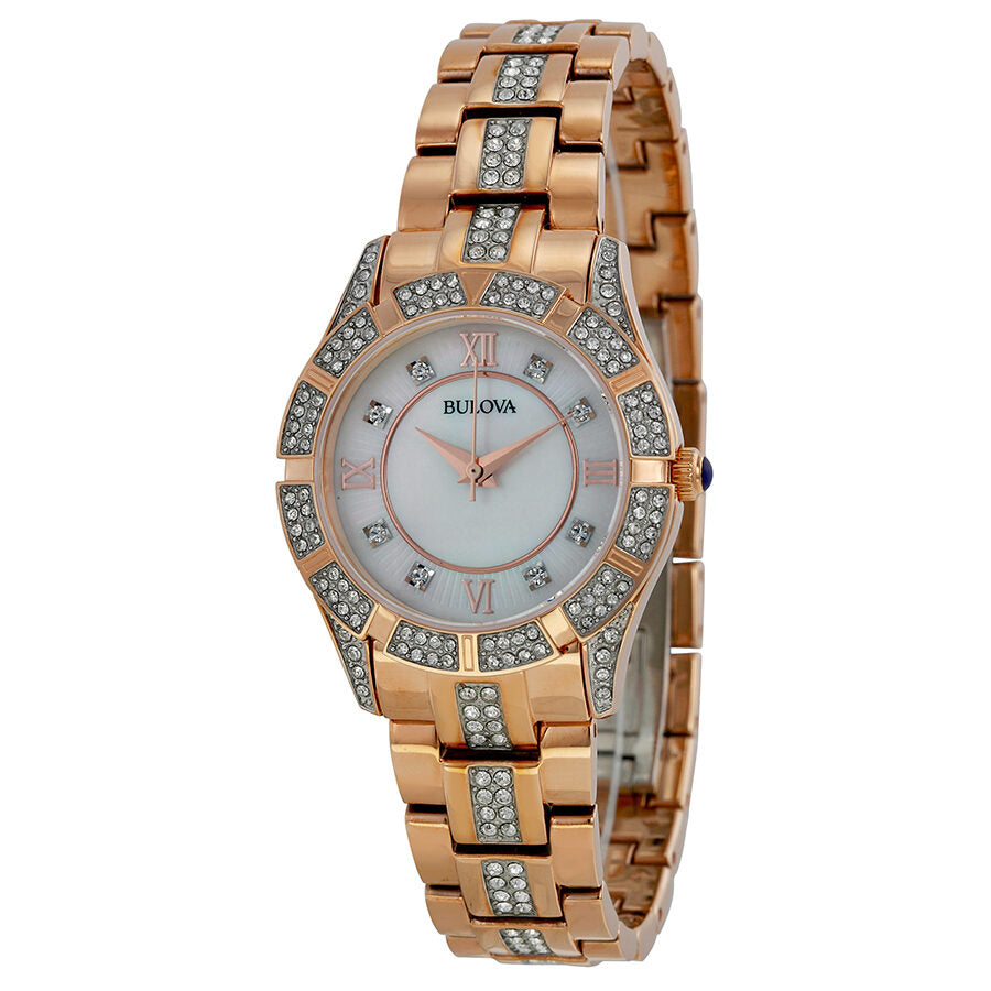 Bulova Crystal Mother of Pearl Dial Rose Gold Steel Strap Watch for Women - 98L197 Watches Bulova   