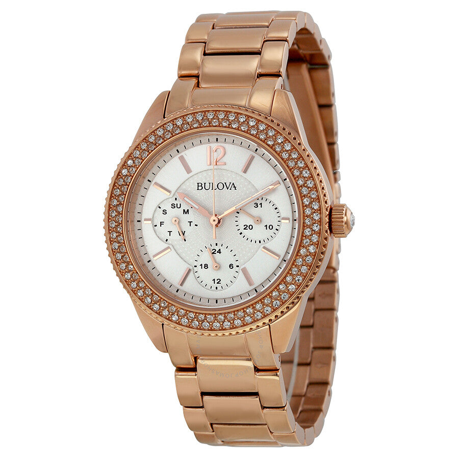 Bulova Crystal Silver Dial Rose Gold Steel Strap Watch for Women - 97N101 Watches Bulova   