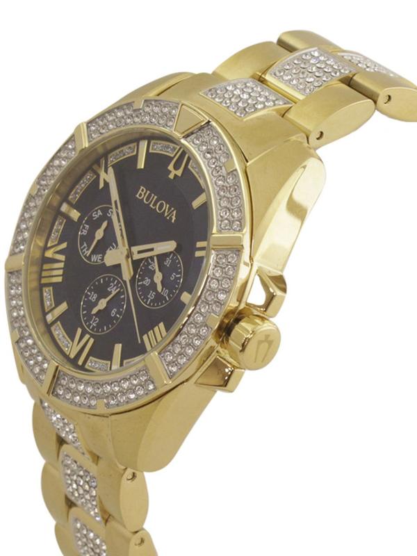 Bulova Crystal Collection Blue Dial Gold Steel Strap Watch for Men - 98C128 Watches Bulova   