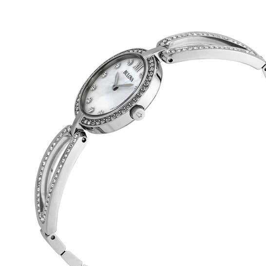 Bulova Crystal Collection Mother of Pearl Dial Silver Steel Strap Watch for Women - 96L223 Watches Bulova   