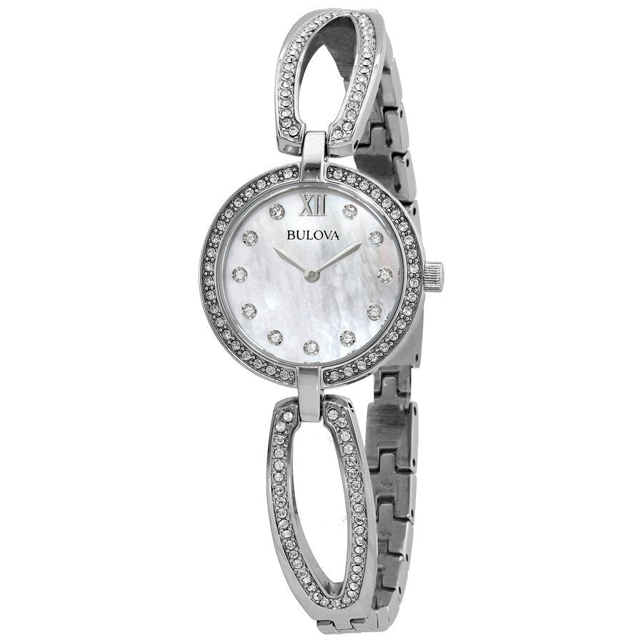 Bulova Crystal Collection Mother of Pearl Dial Silver Steel Strap Watch for Women - 96L223 Watches Bulova   