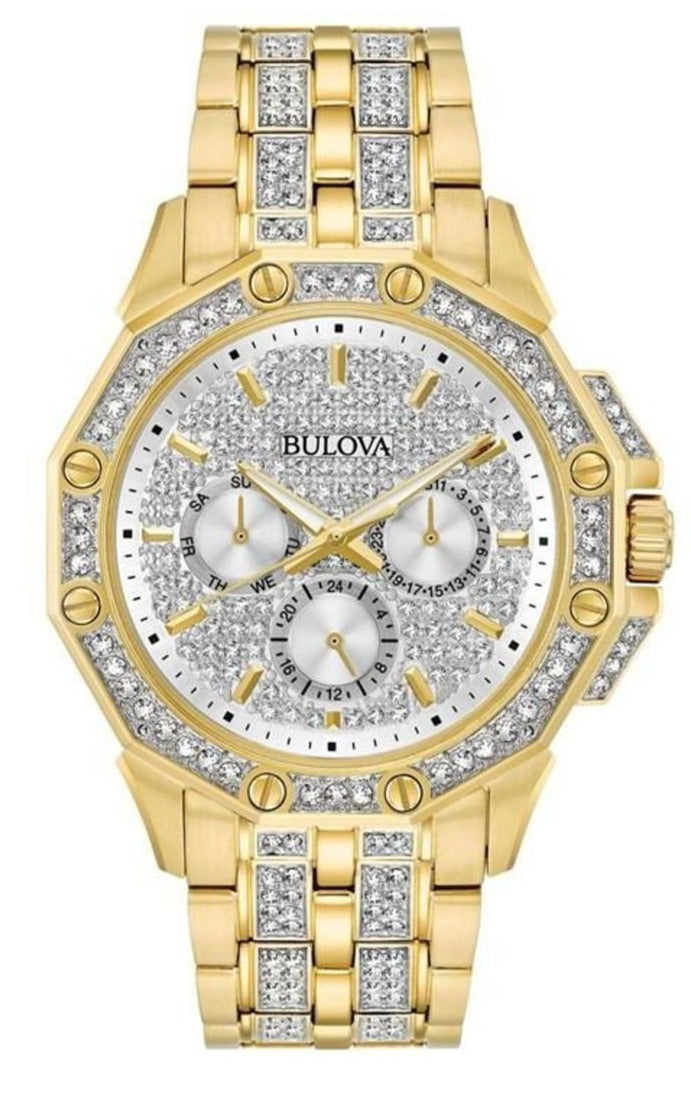 Bulova Crystal Collection Octova White Dial Gold Steel Strap Watch for Men - 98C126 Watches Bulova   