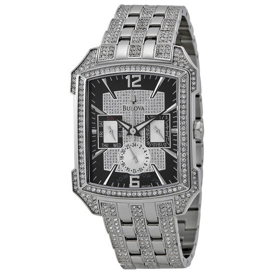 Bulova Crystal Collection Black Dial Silver Steel Strap Watch for Men - 98C108 Watches Bulova   