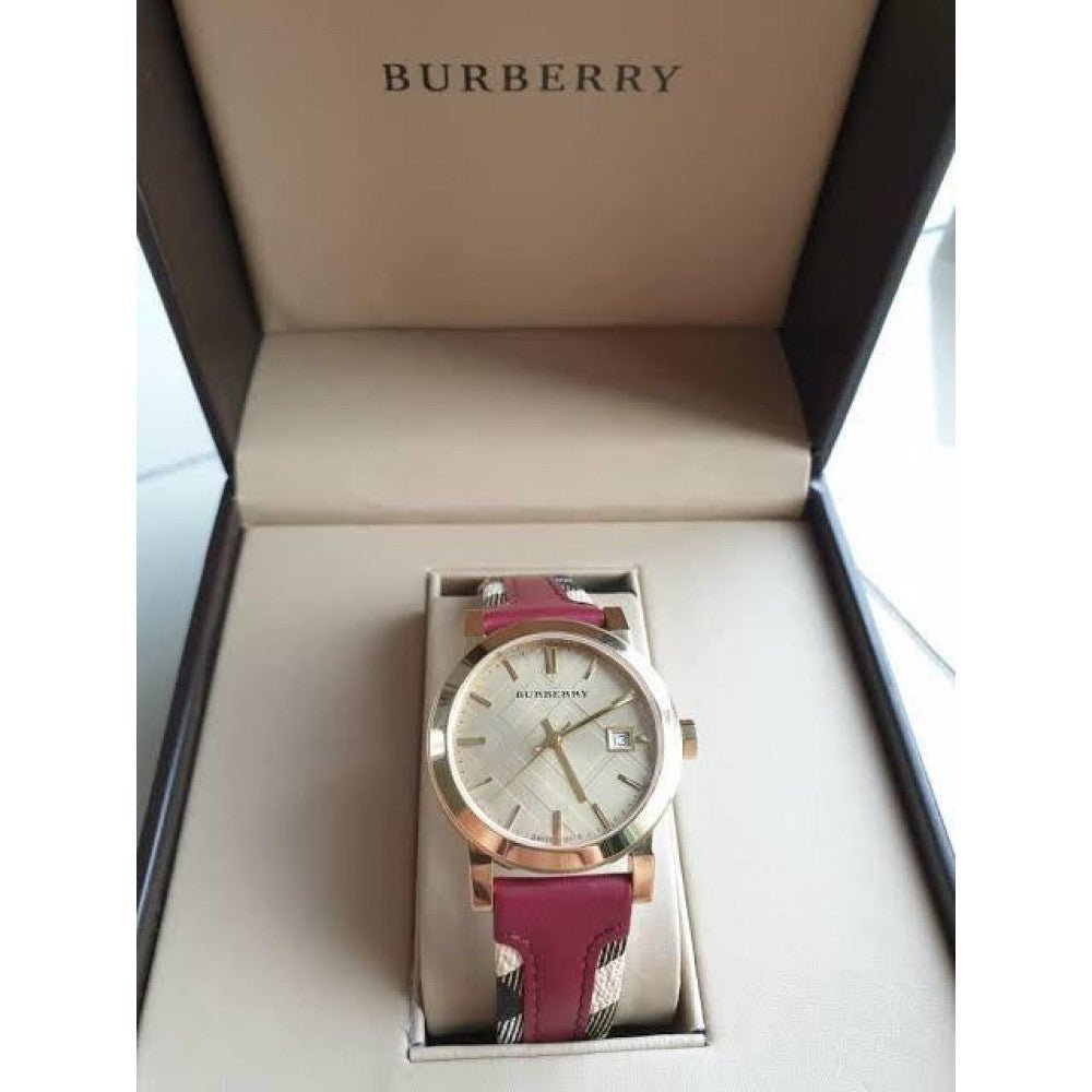 Burberry The City Gold Dial Maroon Leather Strap Watch for Women - BU9017 Watches Burberry   