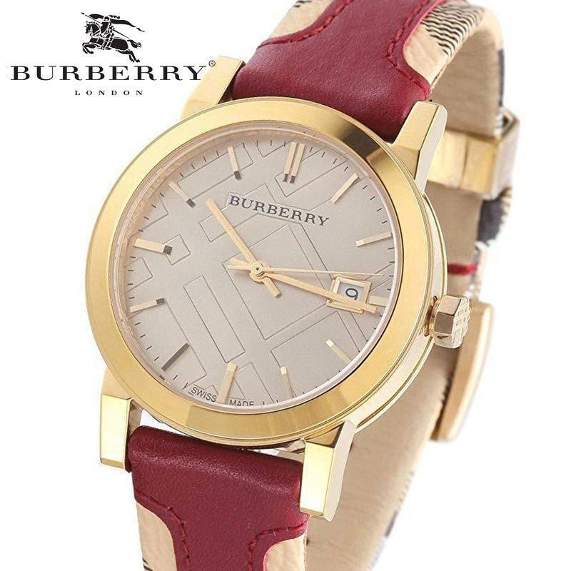 Burberry The City Gold Dial Maroon Leather Strap Watch for Women - BU9017 Watches Burberry   