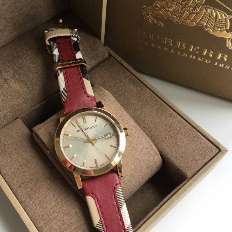 Burberry The City Gold Dial Maroon Leather Strap Watch for Women - BU9017 Watches Burberry   