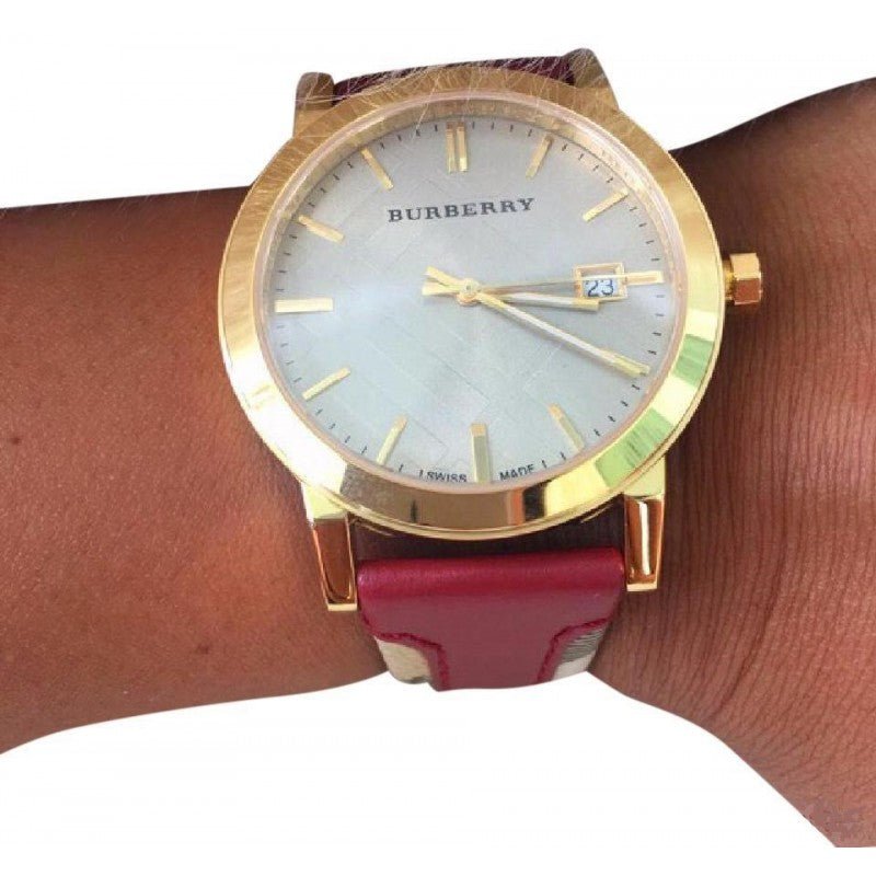 Burberry The City Gold Dial Maroon Leather Strap Watch for Women - BU9017 Watches Burberry   