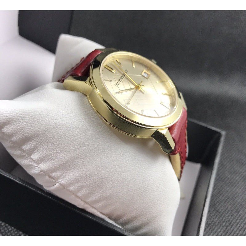 Burberry The City Gold Dial Maroon Leather Strap Watch for Women - BU9017 Watches Burberry   