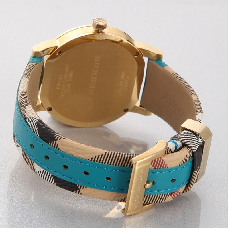 Burberry The City Gold Dial Turquoise Leather Strap Watch for Women - BU9018 Watches Burberry   