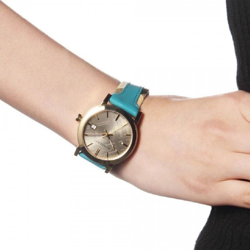 Burberry The City Gold Dial Turquoise Leather Strap Watch for Women - BU9018 Watches Burberry   