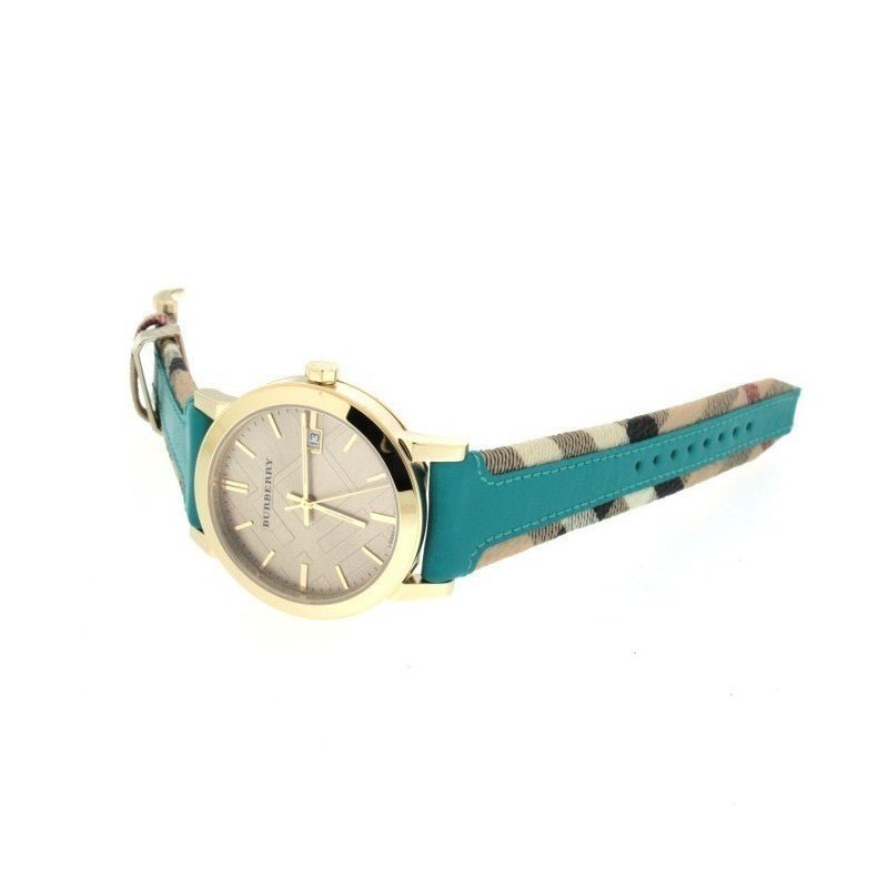 Burberry The City Gold Dial Turquoise Leather Strap Watch for Women - BU9018 Watches Burberry   