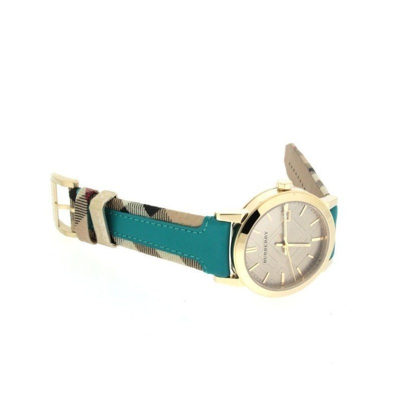 Burberry The City Gold Dial Turquoise Leather Strap Watch for Women - BU9018 Watches Burberry   