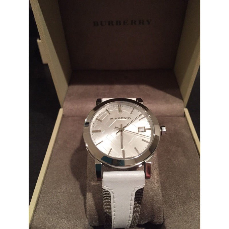 Burberry The City Silver Dial White Leather Strap Watch for Women - BU9019 Watches Burberry   