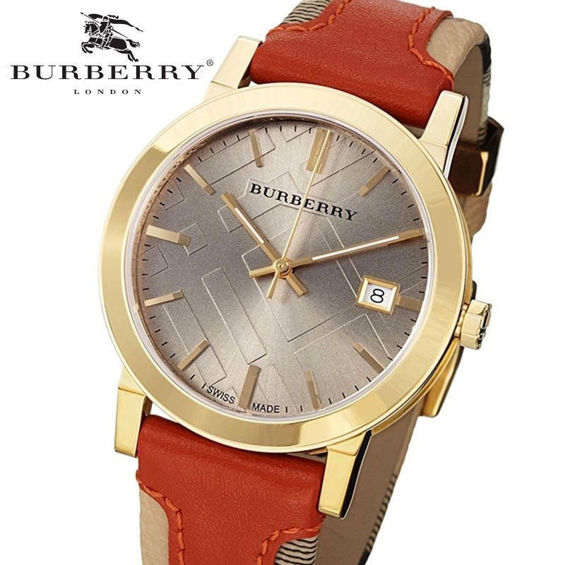 Burberry The City Gold Dial Orange Leather Strap Watch for Women - BU9016 Watches Burberry   