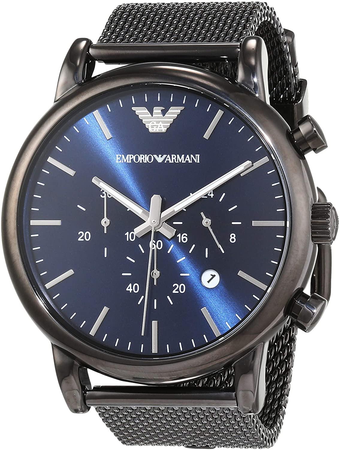 Emporio Armani Chronograph Blue Dial Gun Metallic Mesh Bracelet Watch For Men - AR1979 Watches Emporio Armani   