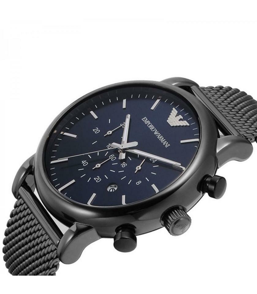 Emporio Armani Chronograph Blue Dial Gun Metallic Mesh Bracelet Watch For Men - AR1979 Watches Emporio Armani   