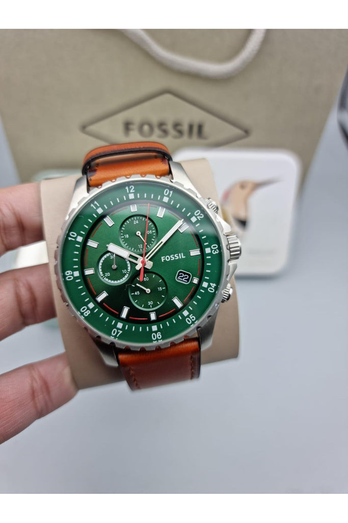 Fossil Dillinger Luggage Chronograph Green Dial Brown Leather Strap Watch for Men - FS5734 Watches Fossil   