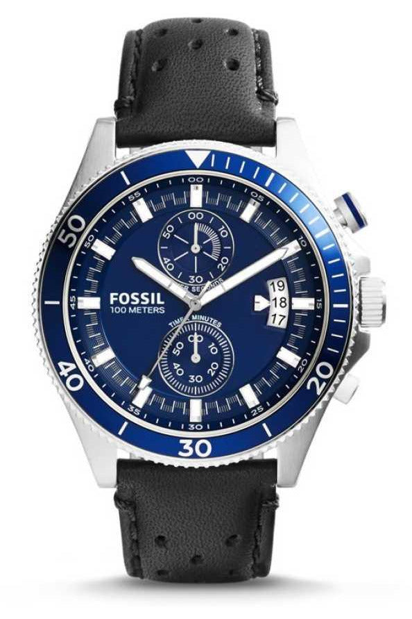 Fossil Wakefield Chronograph Blue Dial Black Leather Strap Watch for Women - CH2945 Watches Fossil   