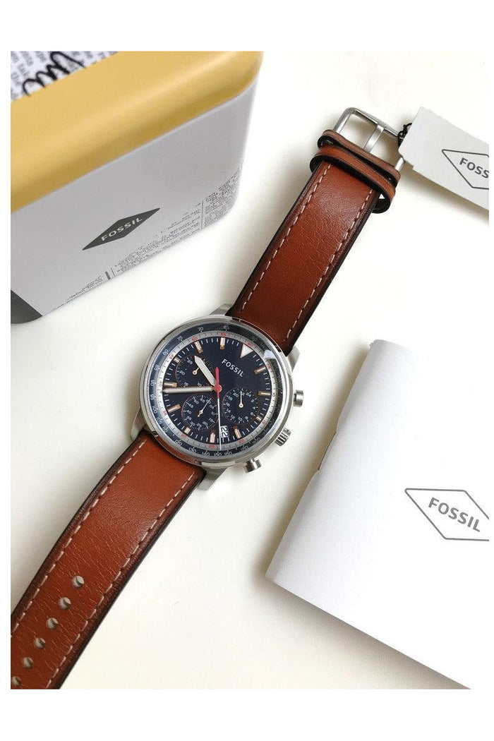 Fossil Goodwin Chronograph Blue Dial Brown Leather Strap Watch for Men - FS5414 Watches Fossil   