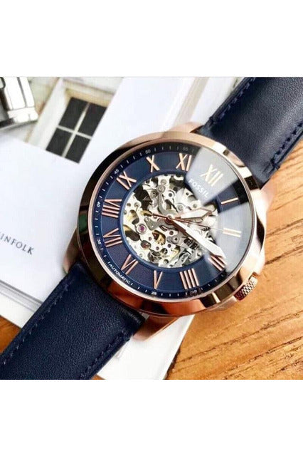 Fossil Grant Automatic Skeleton Navy Blue Dial Navy Blue Leather Strap Watch for Men - ME3102 Watches Fossil   