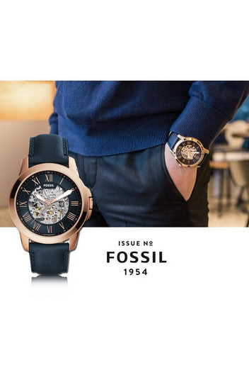 Fossil Grant Automatic Skeleton Navy Blue Dial Navy Blue Leather Strap Watch for Men - ME3102 Watches Fossil   