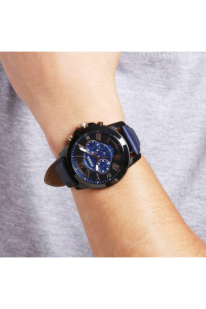 Fossil Grant Chronograph Black Dial Blue Leather Strap Watch for Men - FS5061 Watches Fossil   