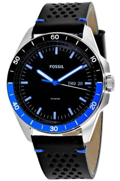 Fossil Sport 54 Day Date Black Dial Black Leather Strap Watch for Men - FS5321 Watches Fossil   