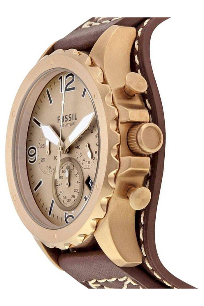 Fossil Nate Chronograph Gold Dial Brown Leather Strap Watch for Men - JR1495 Watches Fossil   