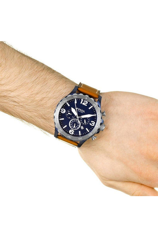 Fossil Nate Chronograph Navy Blue Dial Brown Leather Strap Watch for Men - JR1504 Watches Fossil   