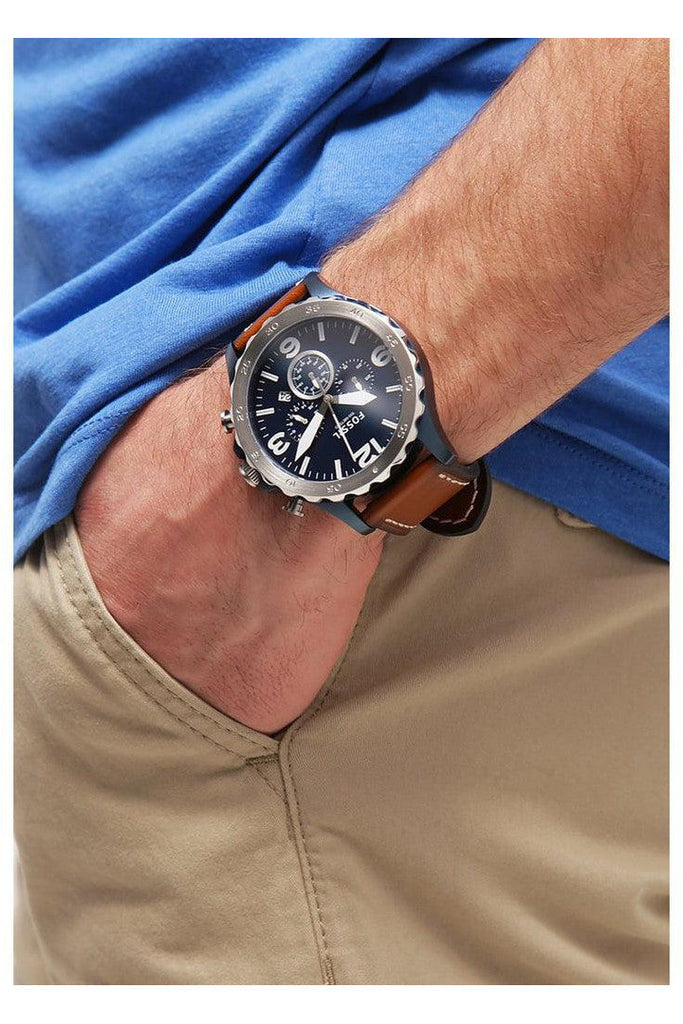 Fossil Nate Chronograph Navy Blue Dial Brown Leather Strap Watch for Men - JR1504 Watches Fossil   