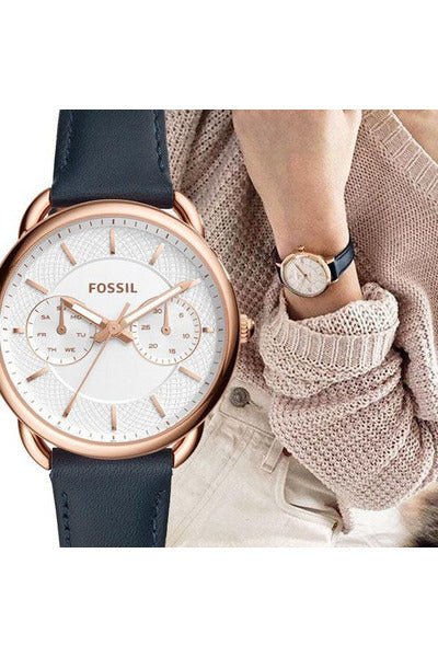 Fossil Tailor White Dial Blue Leather Strap Watch for Women - ES4260 Watches Fossil   