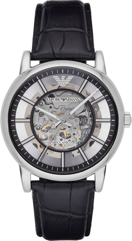 Emporio Armani Luigi Silver Skeleton Dial Black Leather Strap Watch For Men - AR1981 Watches Emporio Armani   