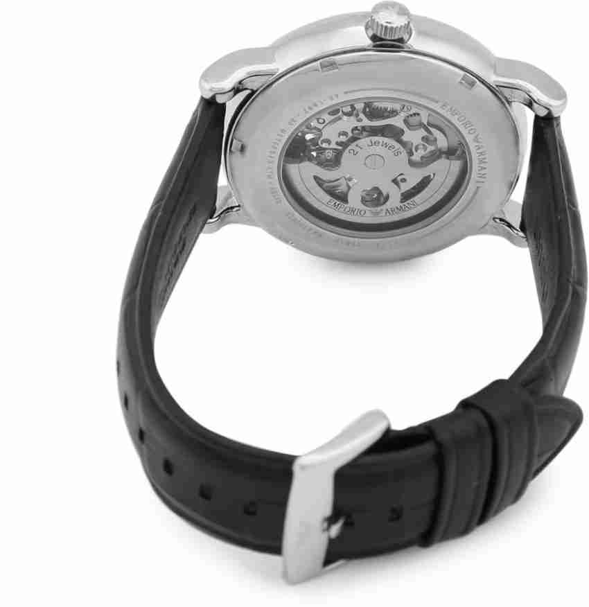 Emporio Armani Meccanico Silver Skeleton Dial Black Leather Watch For Men - AR1997 Watches Emporio Armani   