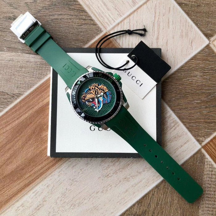 Gucci Dive Tiger Green Dial Green Rubber Strap Watch For Men - YA136316 Watches Gucci   