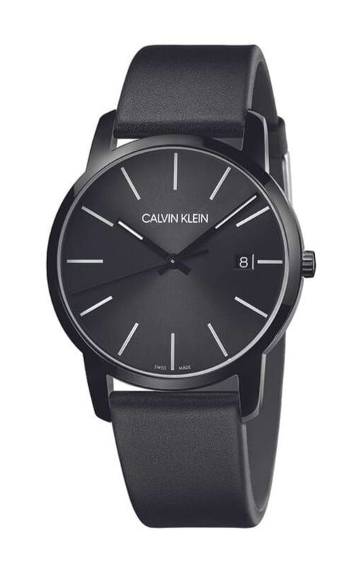 Calvin Klein City Quartz Black Dial Black Leather Strap Watch for Men - K2G2G4CX Watches Calvin Klein   