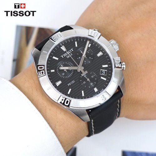 Tissot PR 100 Sport Quartz Chronograph Black Dial Black Leather Strap Watch For Men - T101.617.16.051.00 Watches Tissot   