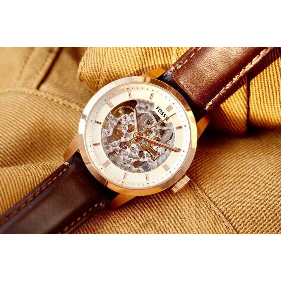 Fossil Townsman Automatic Skeleton White Dial Brown Leather Strap Watch for Men - ME3078 Watches Fossil   