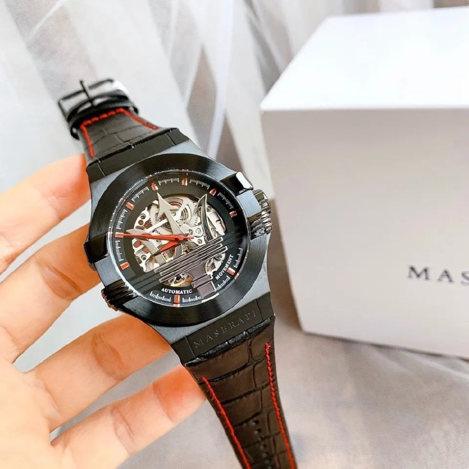 Maserati Potenza Automatic Black Dial Black Leather Strap Watch For Men - R8821108008 Watches Maserati   