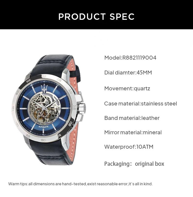 Maserati Ingegno Automatic Blue Skeleton Dial Black Leather Strap Watch For Men - R8821119004 Watches Maserati   