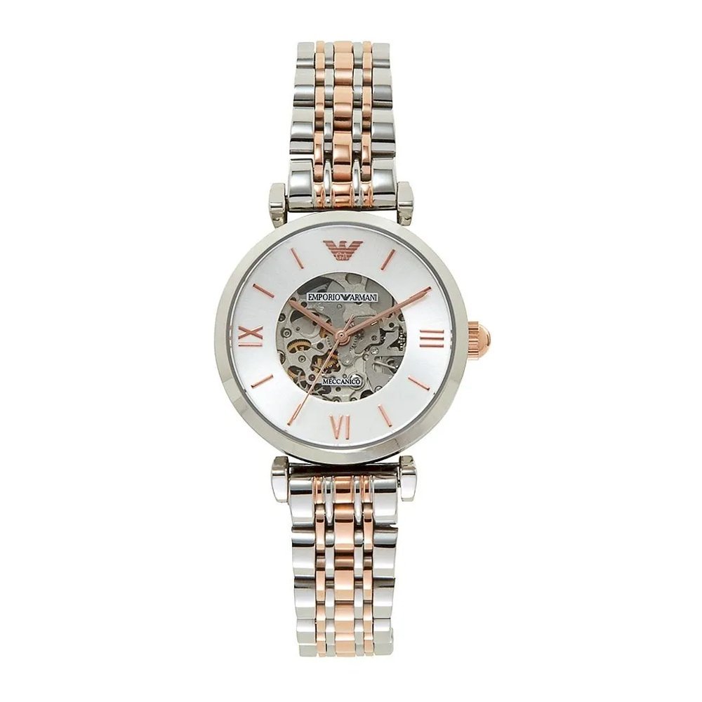 Emporio Armani Gianni T Bar Silver Skeleton Dial Two Tone Strap Watch For Women - AR1992 Watches Emporio Armani   