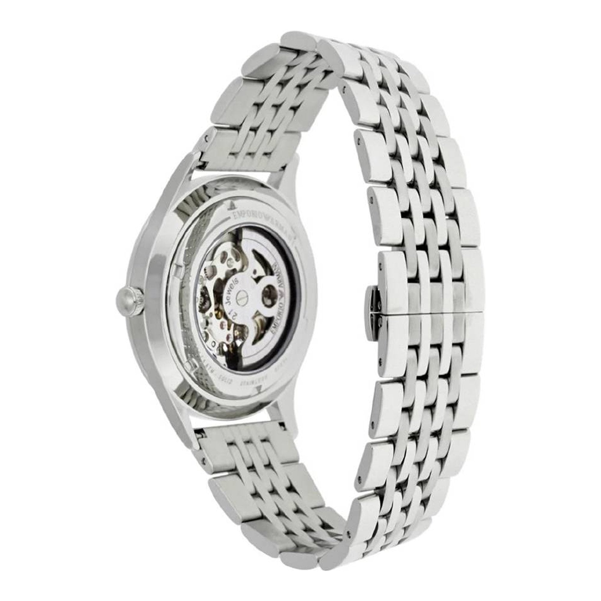 Emporio Armani Meccanico Silver Skeleton Dial Stainless Steel Watch For Men - AR1945 Watches Emporio Armani   