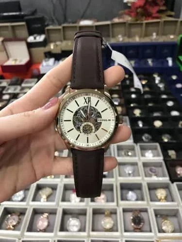 Fossil Flynn Mechanical Skeleton Champagne Dial Brown Leather Strap Watch for Men - BQ2215 Watches Fossil   