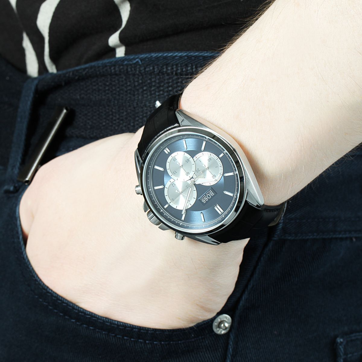 Hugo Boss Driver Blue Dial Black Leather Strap Watch for Men - 1512882 Watches Hugo Boss   