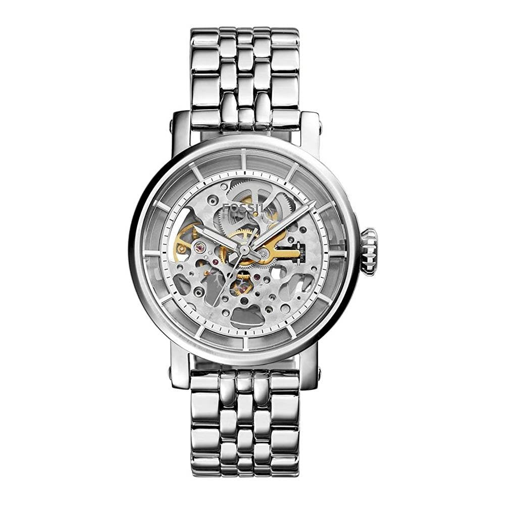 Fossil Boyfriend Automatic Skeleton Silver Dial Silver Steel Strap Watch for Women - ME3067 Watches Fossil   