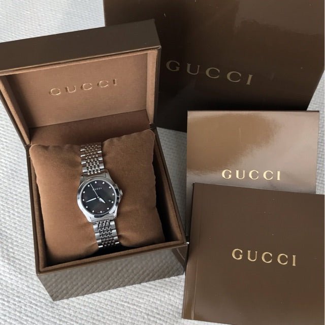 Gucci G Timeless Diamond Mother of Pearl Black Dial Silver Steel Strap Watch For Women - YA126505 Watches Gucci   