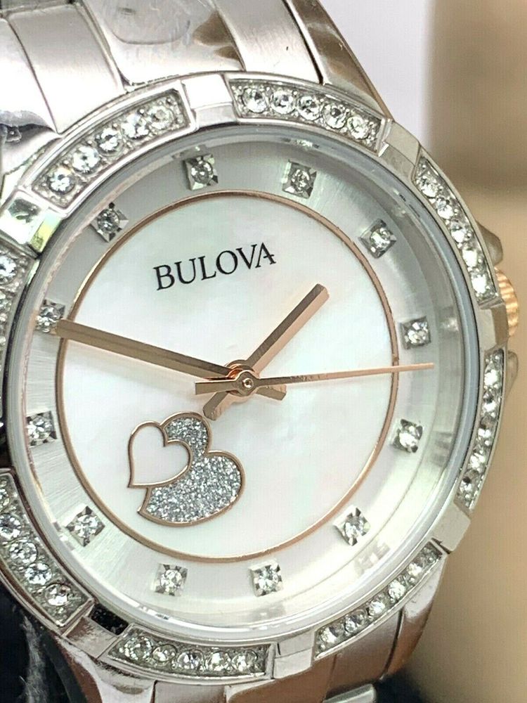 Bulova Crystal Collection Mother of Pearl Dial Silver Steel Strap Watch for Women - 98L232 Watches Bulova   