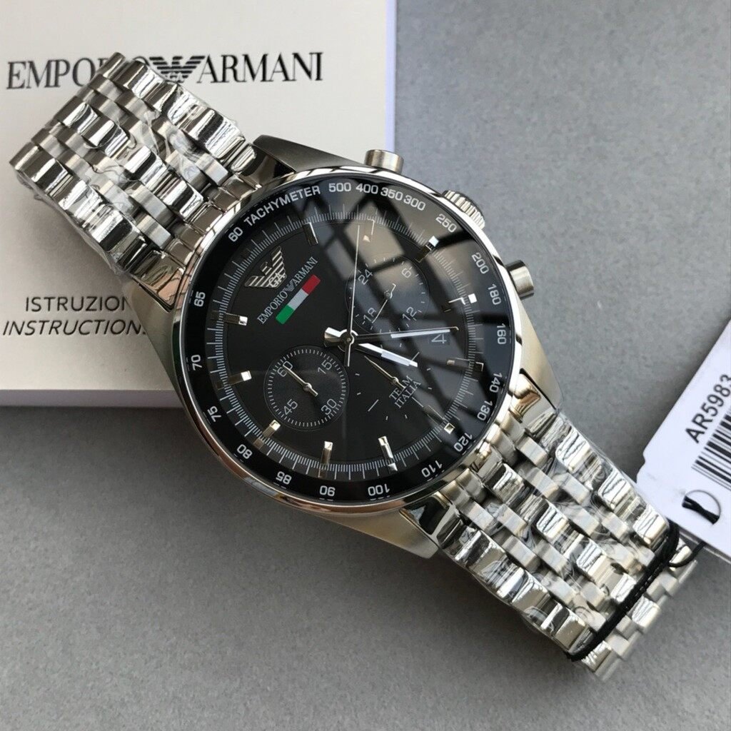 Emporio Armani Team Italia Chronograph Black Dial Silver Stainless Steel Strap Watch For Men - AR5983 Watches Emporio Armani   